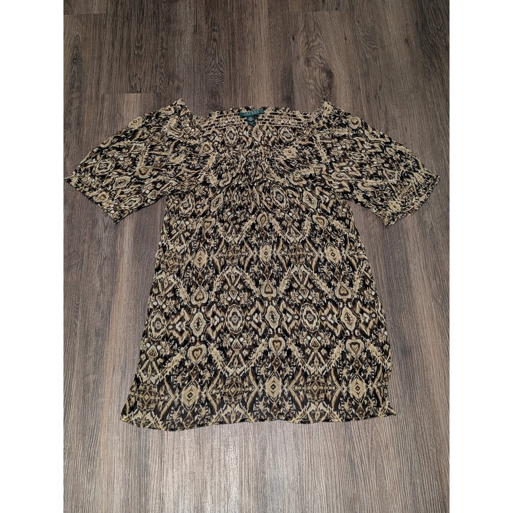 Lauren Ralph Lauren Silk Top Brown Black Patterned Short Sleeve‎ Blouse Large